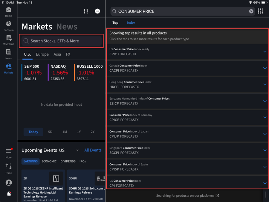 The IBKR ForecastTrader search results on the iPad